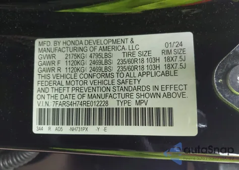 2024 Honda Cr-V Ex-L Awd from USA, damaged, VIN 7FARS4H74RE012228